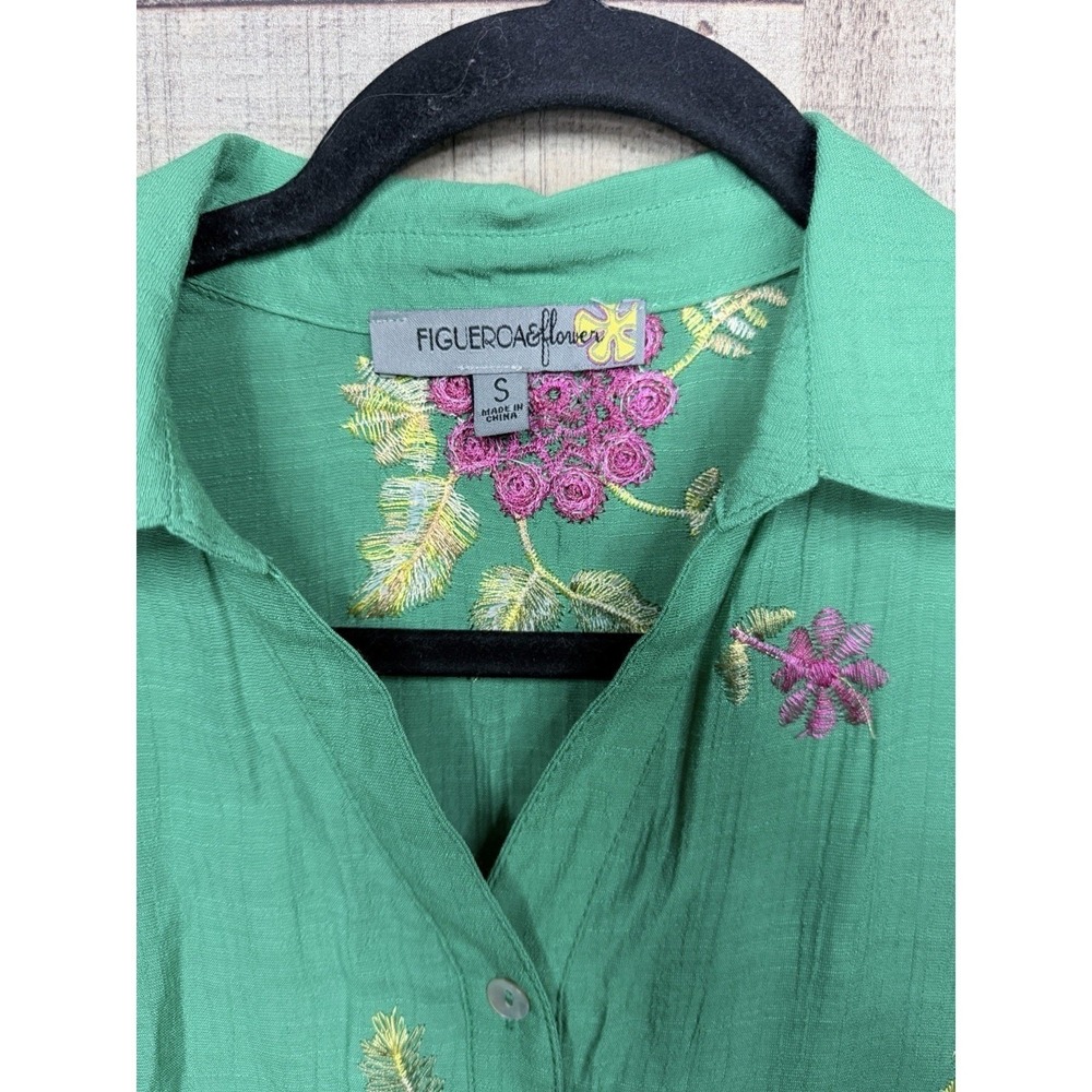 Womens S Figueroa & Flower Dress Green Rayon Floral Embroidered Boho Tiered Midi